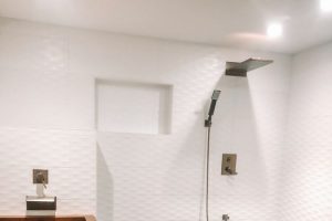 huge white open walk in shower with modern fixtures and green floor